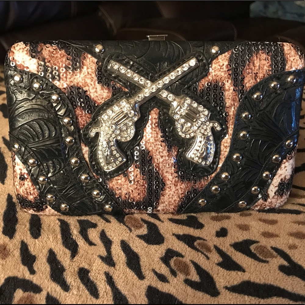 Black and leopard rhinestone western snap wallet